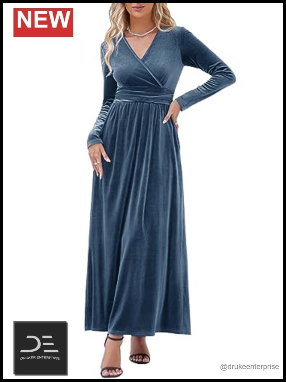 Womens Velvet Maxi Dress Long Sleeve V-Neck Wrap Waist Formal Wedding Guest